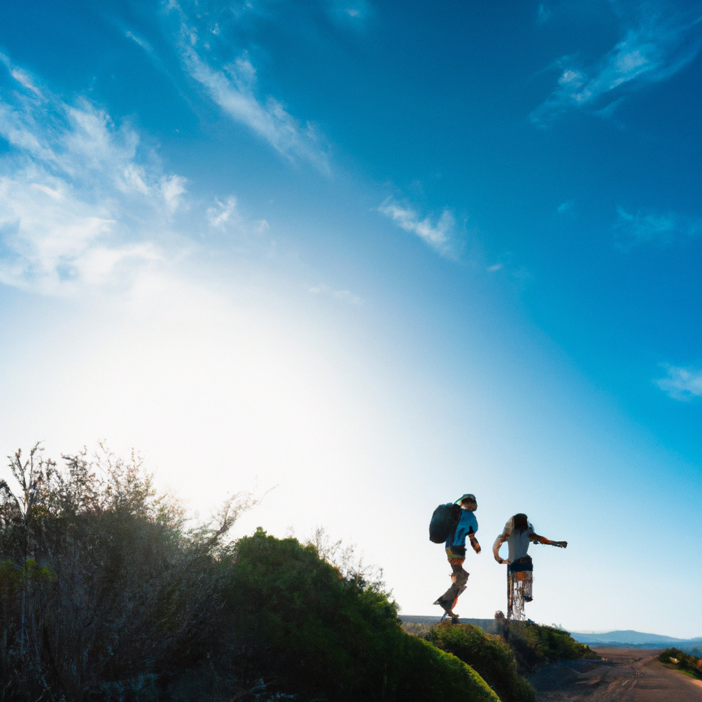 Dawn over a coastal road with backpackers and pastel skies